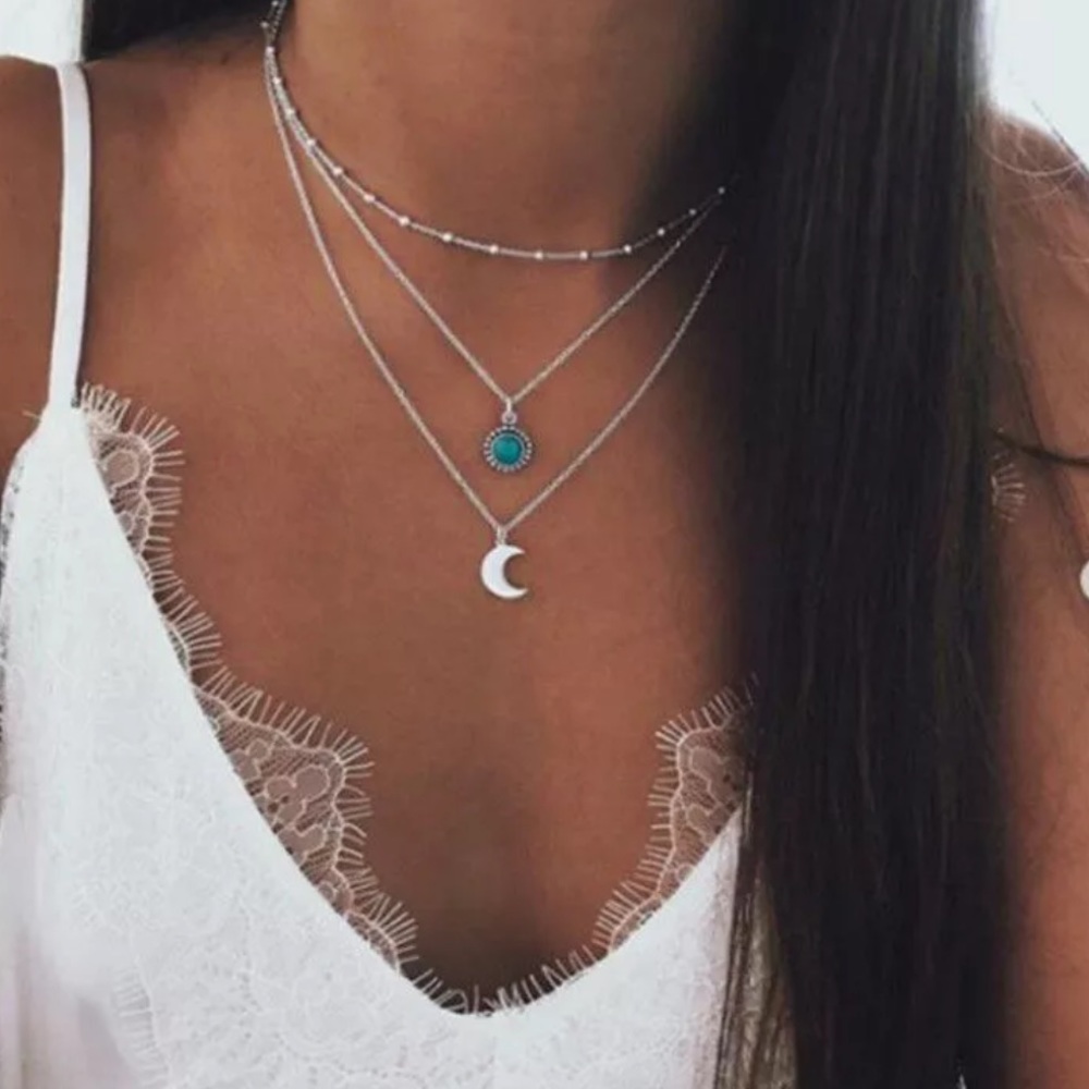 Silver Boho Moon and Turquoise Necklace